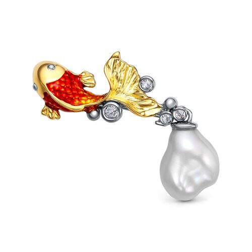 Брошь "Золотая рыбка" с топазами, барочным жемчугом и эмалью из серебра 925 пробы с позолотой