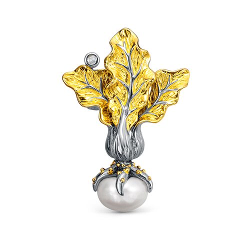 Брошь с барочным жемчугом и топазом из серебра 925 пробы с позолотой