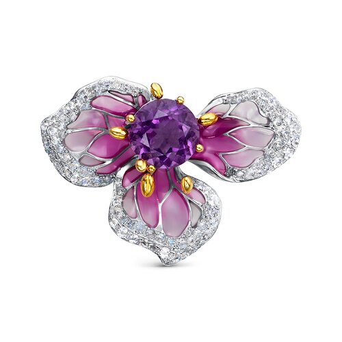 Брошь "Цветок" с аметистами, эмалью и топазами из серебра 925 пробы с позолотой