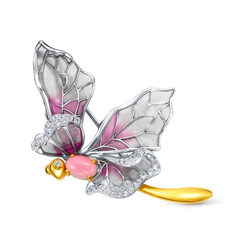 Брошь "Бабочка" с топазами, перламутром и эмалью из серебра 925 пробы с позолотой