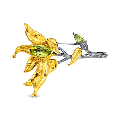Брошь-Подвеска "Цветок" с перидотом из серебра 925 пробы с позолотой