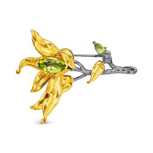 Брошь-Подвеска "Цветок" с перидотом из серебра 925 пробы с позолотой