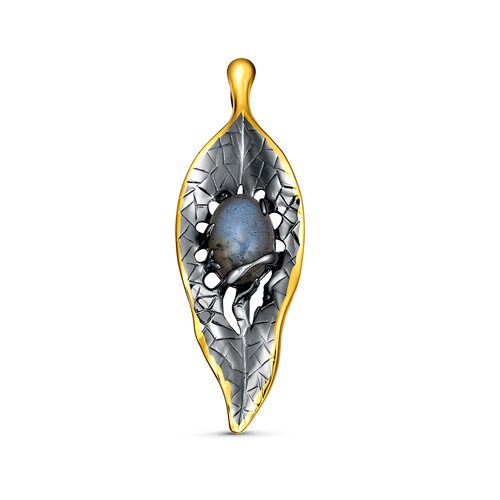 Брошь "Лист" с лабрадоритом из серебра 925 пробы с позолотой