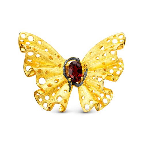 Брошь "Бабочка" с гранатом из серебра 925 пробы с позолотой