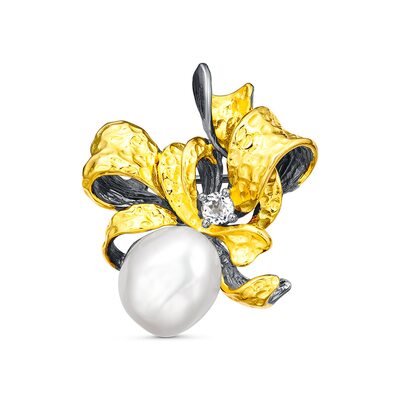 Брошь с барочным жемчугом и топазом из серебра 925 пробы с позолотой