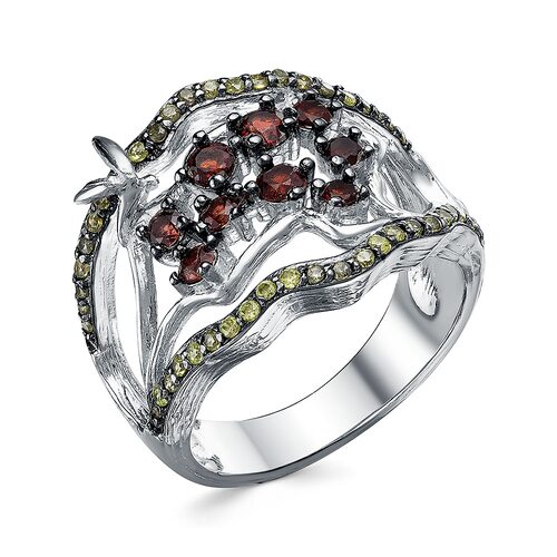 Кольцо с гранатами и фианитами из серебра 925 пробы