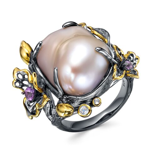 Кольцо с барочным жемчугом, топазами и аметистом из серебра 925 пробы с позолотой