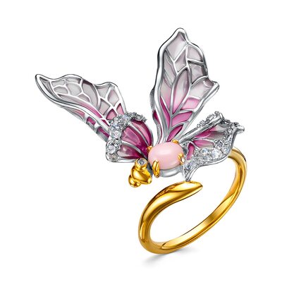 Кольцо "Бабочка" с топазами, перламутром и эмалью из серебра 925 пробы с позолотой