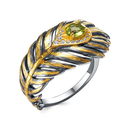 Кольцо "Перо" с перидотом и топазами из серебра 925 пробы с позолотой