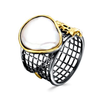 Кольцо с барочным жемчугом из серебра 925 пробы с позолотой