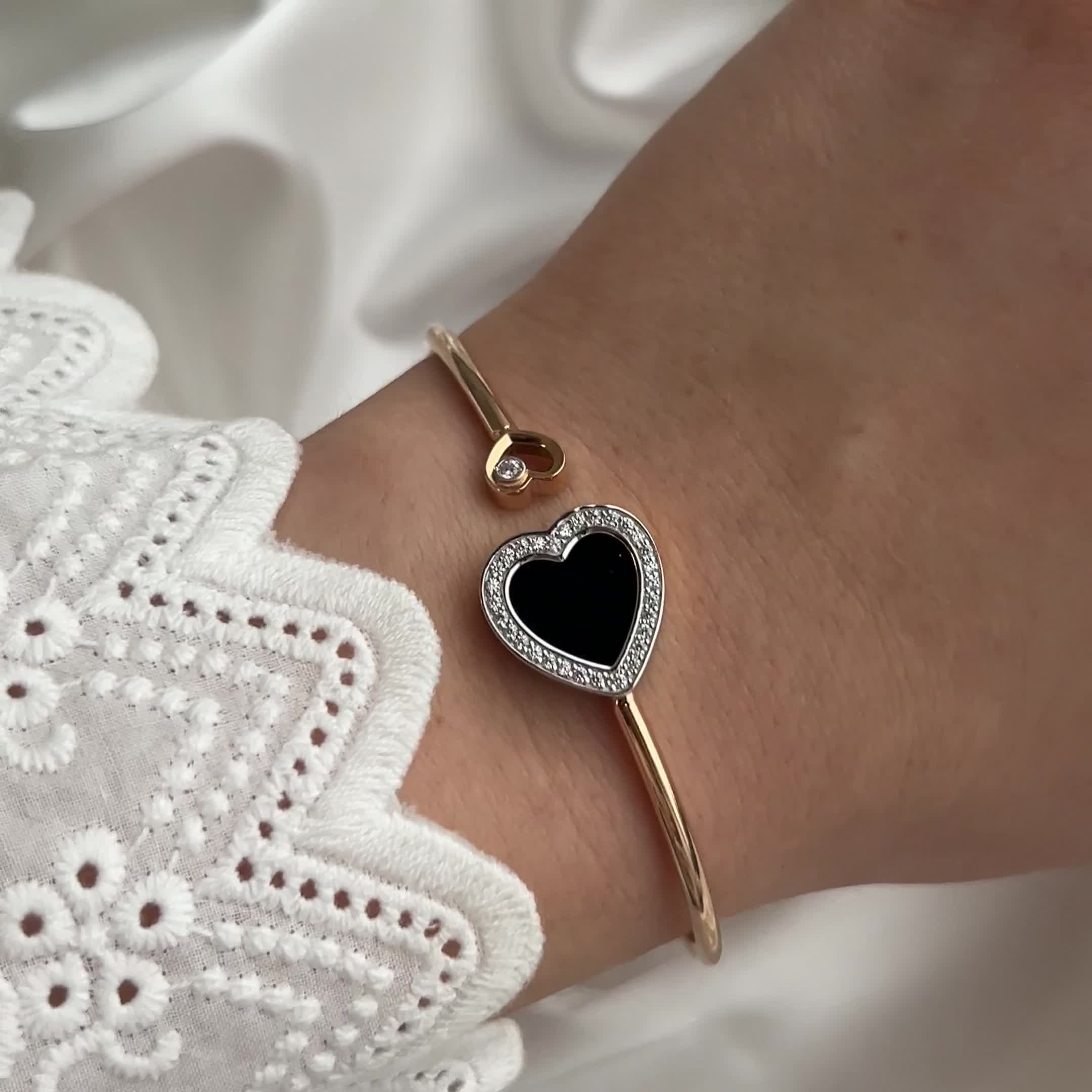 Браслет "Сердце" с ониксом и фианитами из золота 585 пробы арт. 070059