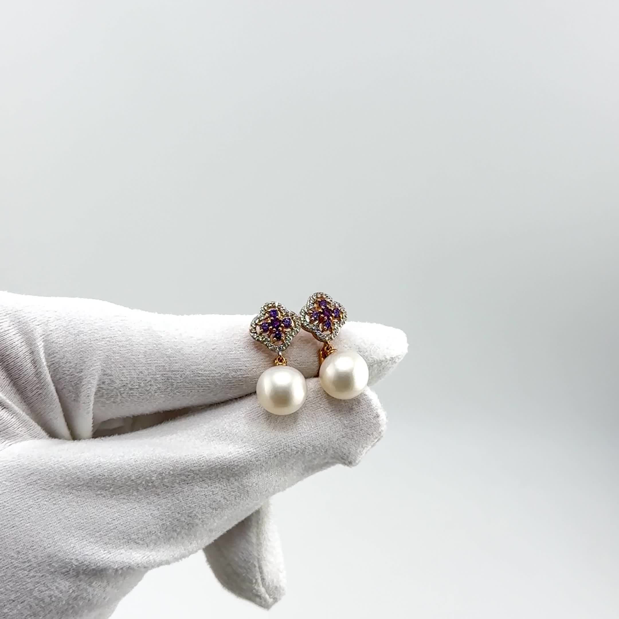 Серьги "Клевера" с жемчугом и фианитами из золота 585 пробы арт. 21802528