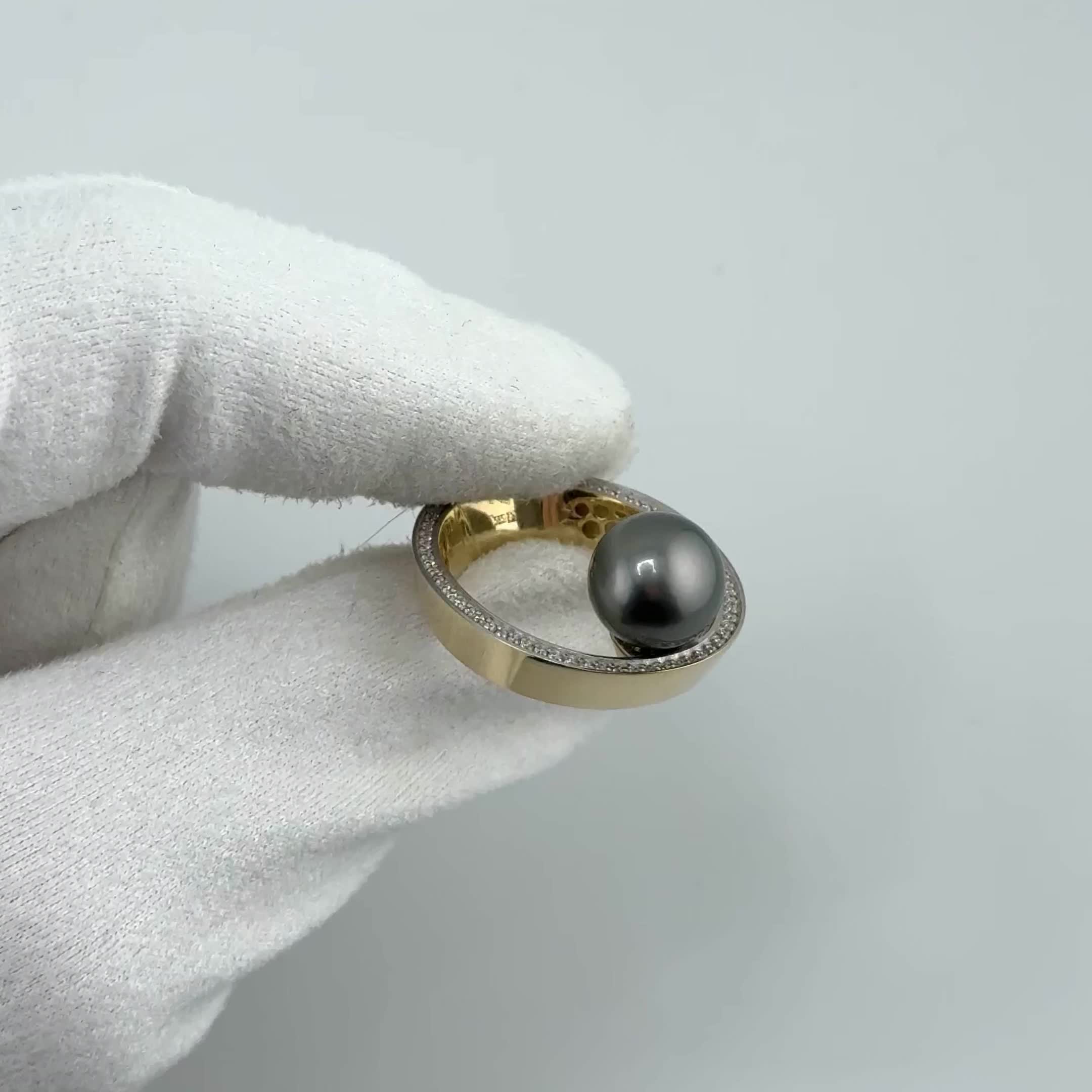 Кольцо с жемчугом и бриллиантами из желтого золота 585 пробы арт. 41012.7БрYT4D9.5