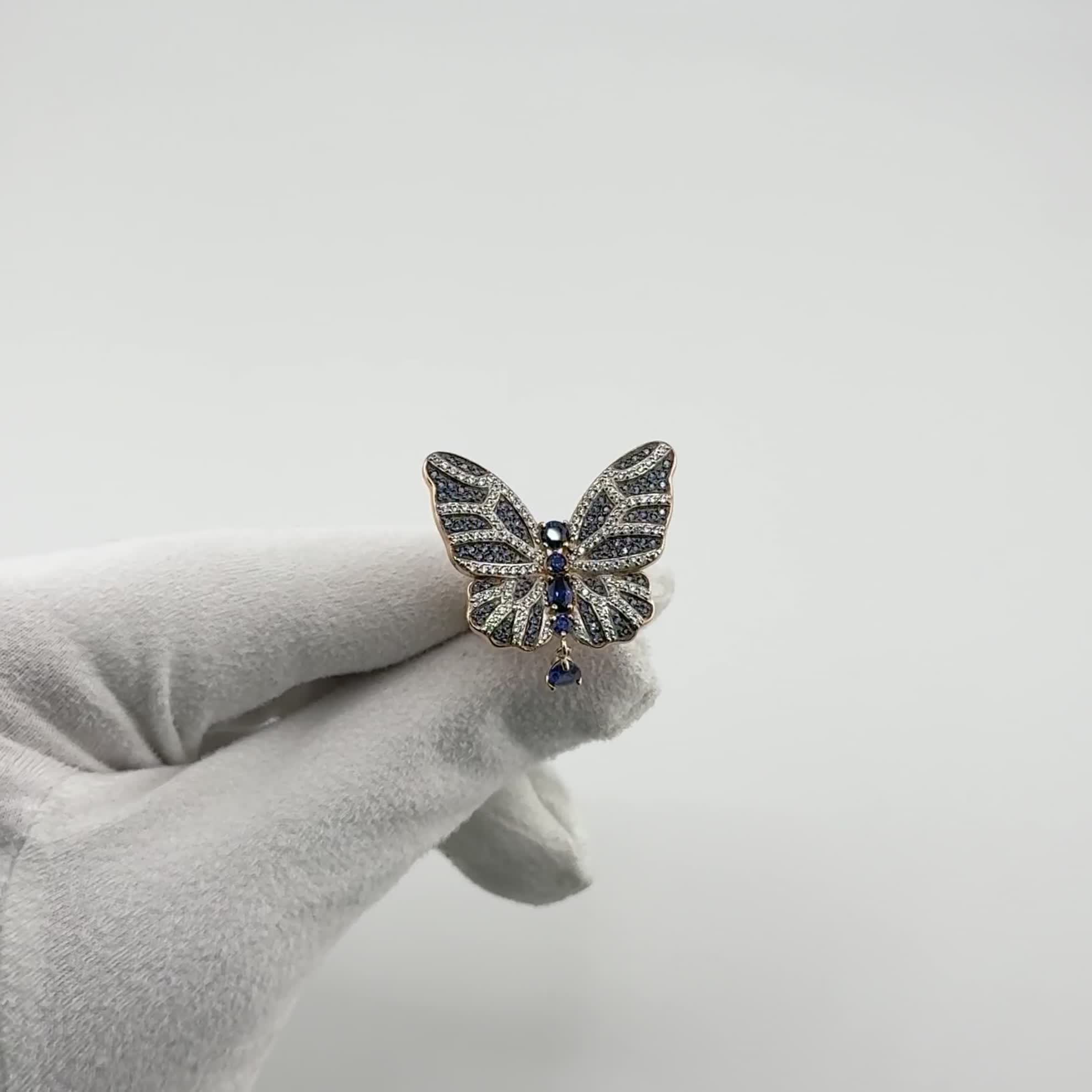 Брошь "Бабочка" с корундами и фианитами из золота 585 пробы арт. 740400