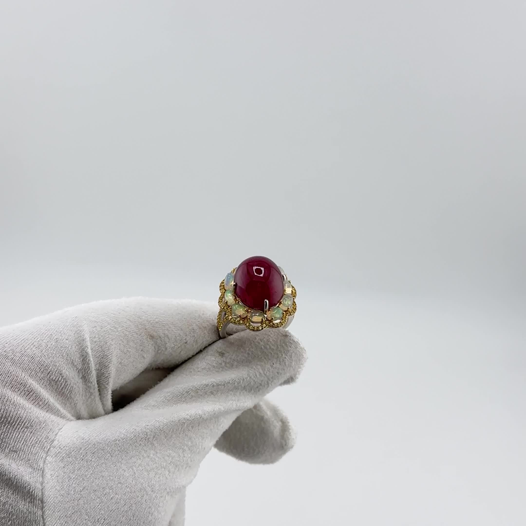 Кольцо с корундом, опалами и сапфирами из серебра 925 пробы арт. KL183_KO_YS_OP_RCR_WG