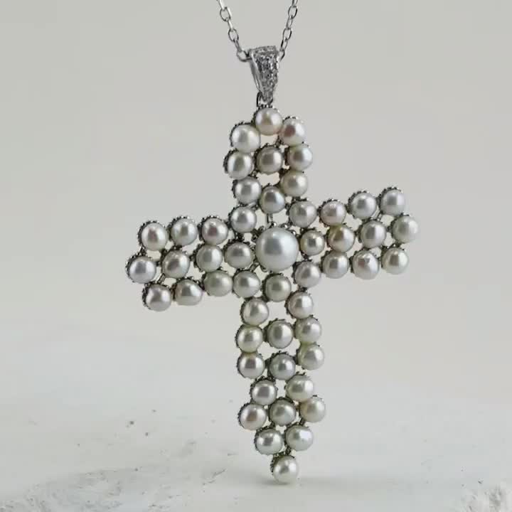 Колье "Крест" с жемчугом из серебра 925 пробы арт. N30607-BW_TSP_WP_WG