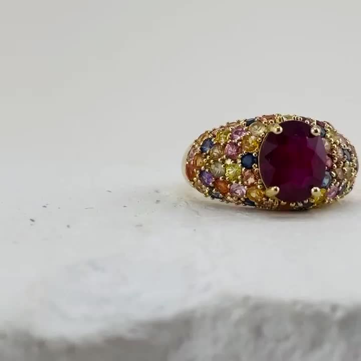 Кольцо с корундом и сапфирами из серебра 925 пробы с позолотой арт. R-03876-47-S01_KO_SM_CR_Y