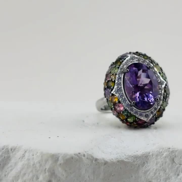 Кольцо с аметистом, турмалинами, перидотом и цирконом из серебра 925 пробы арт. R-09242-88-S04_KO_AM_PD_T